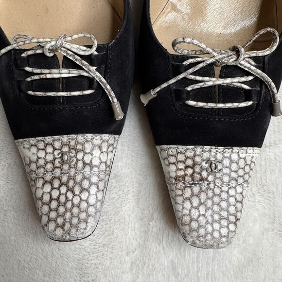 Chanel Suede Kitten Heel Pumps Snakeskin Cap Toe CC Logo Lace Up 37.5 - Picture 2 of 12